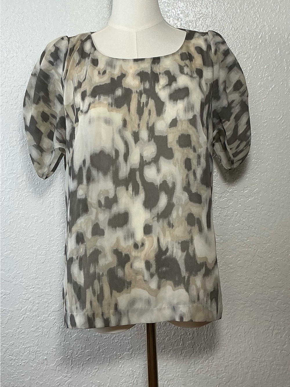 Halogen Petite L Abstract Print Blouse Puff Sleeve Sheer Career Top
